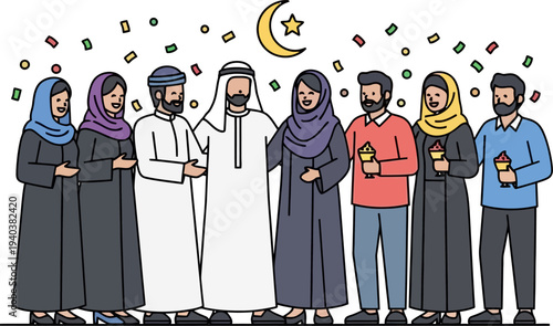 Diverse group of happy people celebrating under crescent moon