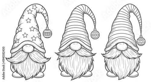 Three charming Christmas gnomes with striped and starred hats, long beards, and festive ornaments, isolated on a white background.