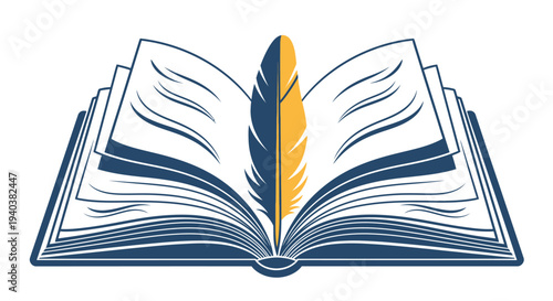 Open book with blue pages and a vibrant yellow quill pen, symbolizing creative writing and education, isolated on a white background.