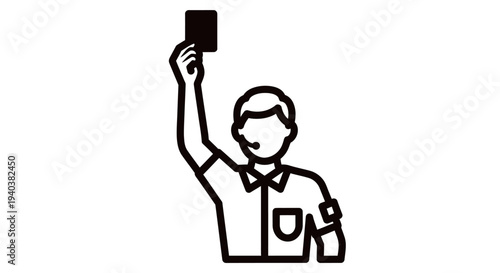 Outline illustration of a soccer referee showing a red card for a foul, isolated on a white background.