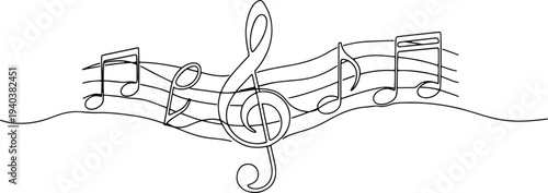 Musical notes and treble clef on a wavy staff in a minimal continuous line art style.