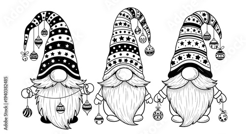 Three festive Christmas gnomes with decorated hats and long beards, isolated on a white background.