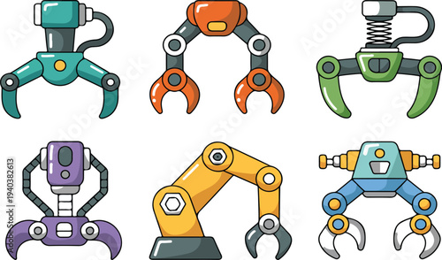 Industrial Robotic Claw Gripper Vector Set with Mechanical Robot Arms for Factory Automation