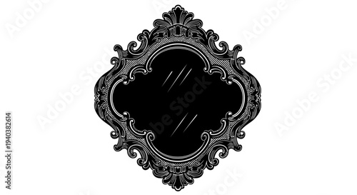 Vintage Black Ornate Mirror with Decorative Baroque Frame, isolated white background