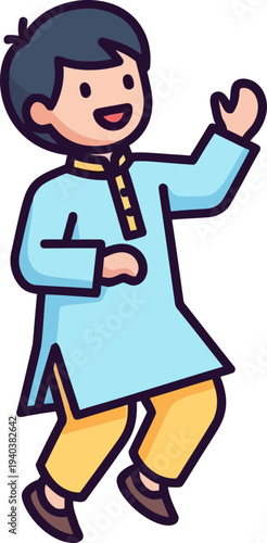 Happy muslim boy dancing in blue kurta