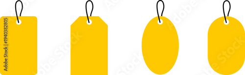 Bright yellow blank price tags set with hanging strings in rectangular, rounded and oval shapes on pure white background