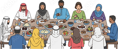 Large group of people sharing festive meal