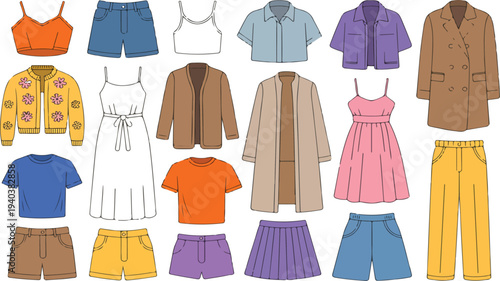 Women Clothing Collection with Dresses, Shirts, Skirts, Shorts, Jackets, and Casual Fashion Outfit Elements Vector Set for Apparel Design