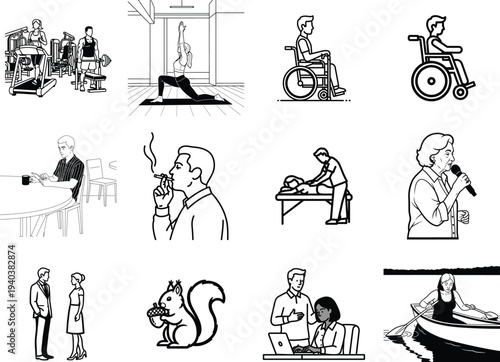 Set of 12 people and animal illustrations vector