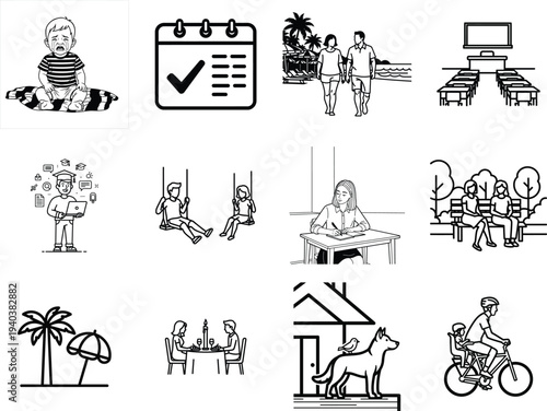 Set of 10 line icons vector, people activities, daily life, black and white