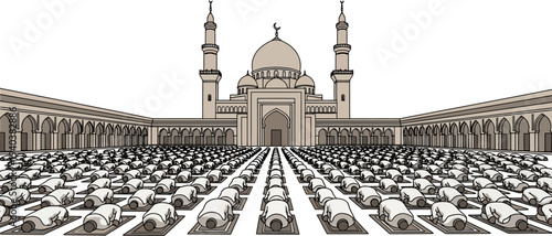 Massive congregation of worshippers praying at a grand mosque