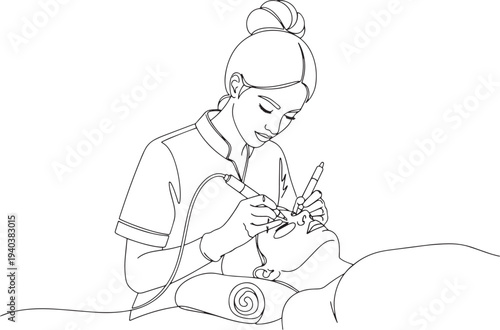 Beautician performing facial skincare treatment at spa line art illustration