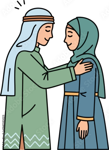 Muslim man and woman greeting each other respectfully