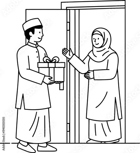Muslim man offering gift box to woman at doorstep