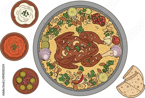 Traditional mandi chicken and rice dish overhead view