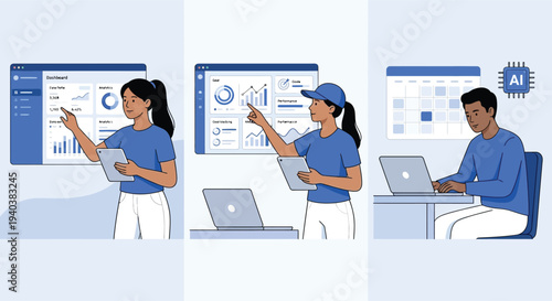 A business team and medical professionals work together in a modern office and lab setting featuring a montage of business people, doctors, and a businesswoman using a laptop at a desk