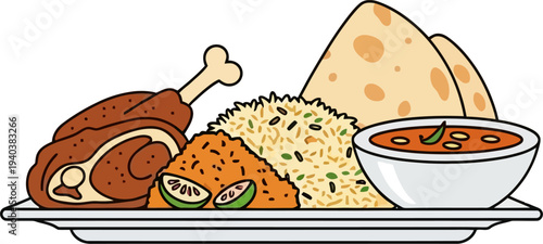 Traditional middle eastern meal platter with chicken and rice