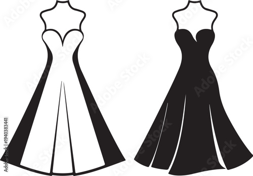 Elegant dresses in black and white vector silhouette illustration for fashion
