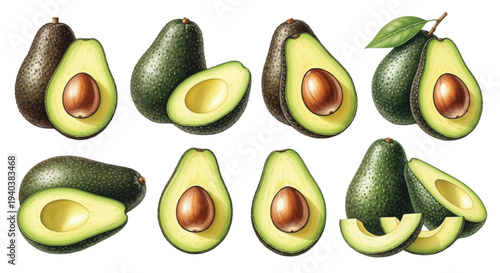 Watercolor Avocado Set, Whole and Halved Avocado Fruit with Seed Healthy Food Illustration Collection Isolated