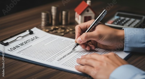 A person is signing a loan mortgage document with a pen. A calculator, stacks of coins, and a small model house are placed on a wooden table.