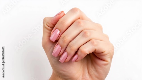 Close-up of manicured hands with pink nail polish on white background  