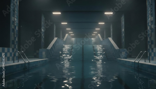 an indoor swimming pool where the water continues up a staircase like a flowing mirror
