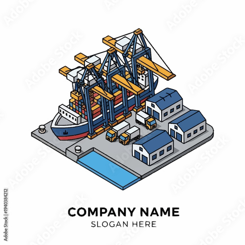 Isometric illustration of a cargo shipping port with cranes and warehouses.