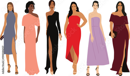 Elegant Women's Formal Wear Collection Featuring Evening Gowns Cocktail Dresses and Prom Fashion Silhouettes Flat Vector Illustration Set