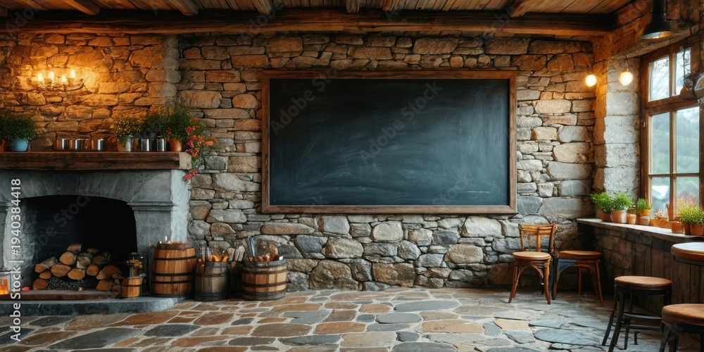 Fototapeta premium Rustic interior features stone walls, fireplace, blackboard, wooden beams. Warm lighting creates cozy atmosphere. Plants add life.