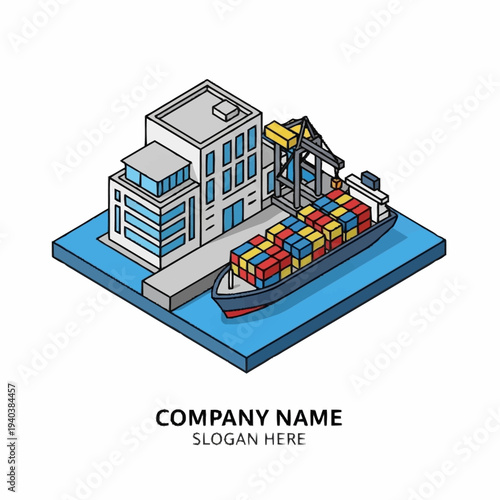 Isometric illustration of a cargo ship docked at a warehouse facility.