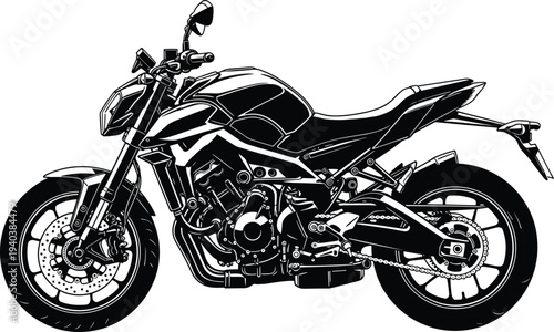 Vector illustration of a black minimalist naked sport motorcycle silhouette with realistic mechanical engine details isolated on white background for automotive transport and racing