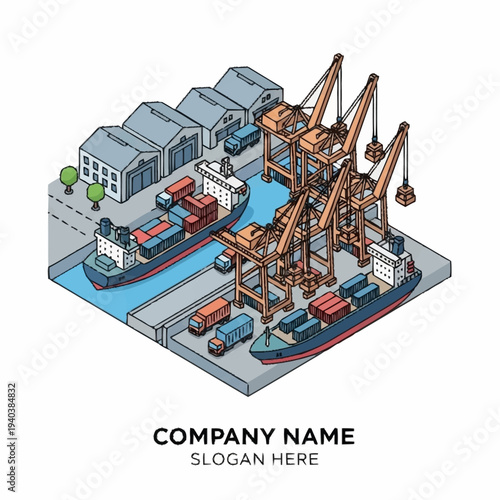 Isometric illustration of a busy industrial seaport with cranes and cargo ships.