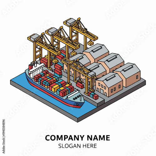 Isometric illustration of a cargo shipping port with cranes and containers.