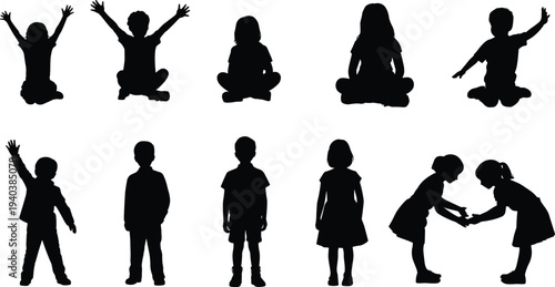 Children silhouettes sitting standing waving and greeting poses collection, playful kids body language and activity set isolated on white background