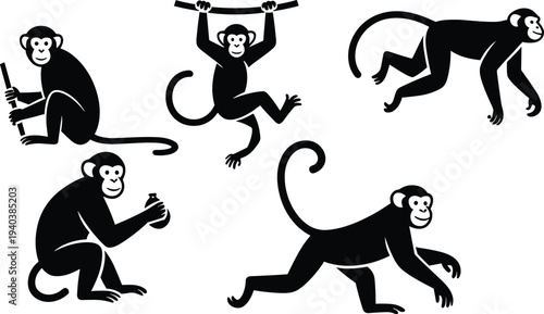 Monkey silhouette collection with playful poses including climbing, walking, sitting and hanging from branch, primate animal black icons set isolated on white background