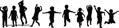 Happy children silhouettes jumping and dancing collection, playful boys and girls active poses set isolated on white background, childhood fun movement concept