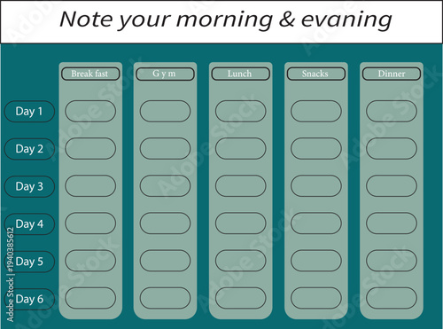 Six Day Weekly Meal and Fitness Planner Tracker for Healthy Lifestyle Routine with Morning and Evening Sections
