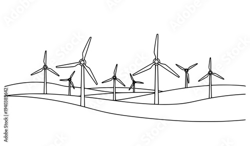 Minimal Wind Farm Turbines Landscape Line Art Vector