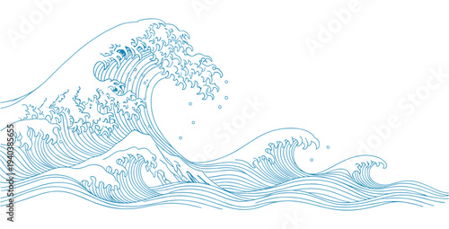 Stylized ocean waves in blue vector art japanese inspired drawing