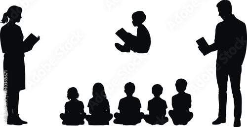 Teacher reading book to children silhouettes in classroom, kids sitting and listening story with male and female teachers isolated on white background