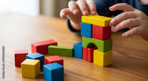Toddler Playing with Geometric Wooden Blocks Construction Set