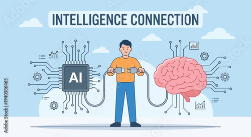 Funny cartoon illustration of a businessman character holding a brain and heart as a creative business concept symbol for a people design tag cloud