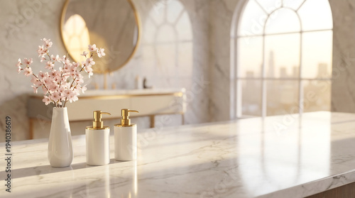 Elegant marble bathroom interior with a white vase of pink cherry blossoms and golden soap dispensers on a sunlit countertop, featuring a round mirror and arched window with city views