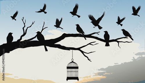 Birds Sitting on Tree Branch Silhouette Nature Vector Illustration