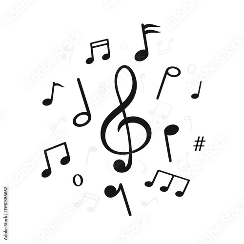 Musical note symbols with a treble clef. Black notes on white background.