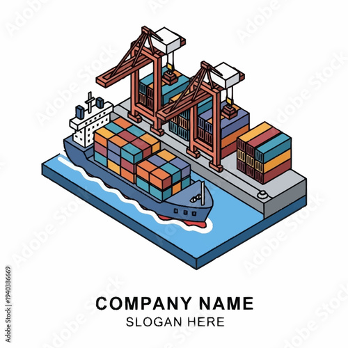 Isometric illustration of a cargo ship at a dock with cranes and containers.