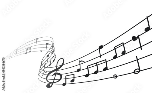 Wavy musical notation of musical keys, with a treble clef. Black notes on a white background.
