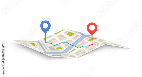 City map with red and blue pin, route marker, pointer to the route location. Delivery service concept, urban logistics.