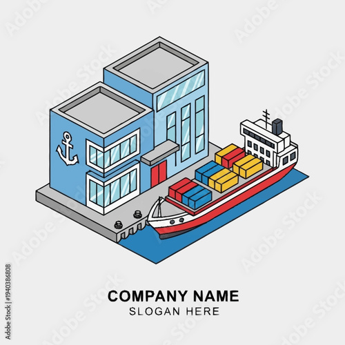 Isometric illustration of a warehouse with a cargo ship docked beside it.