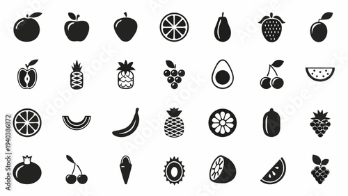 Fruit Icon Set Collection Black Glyph Vector Illustration